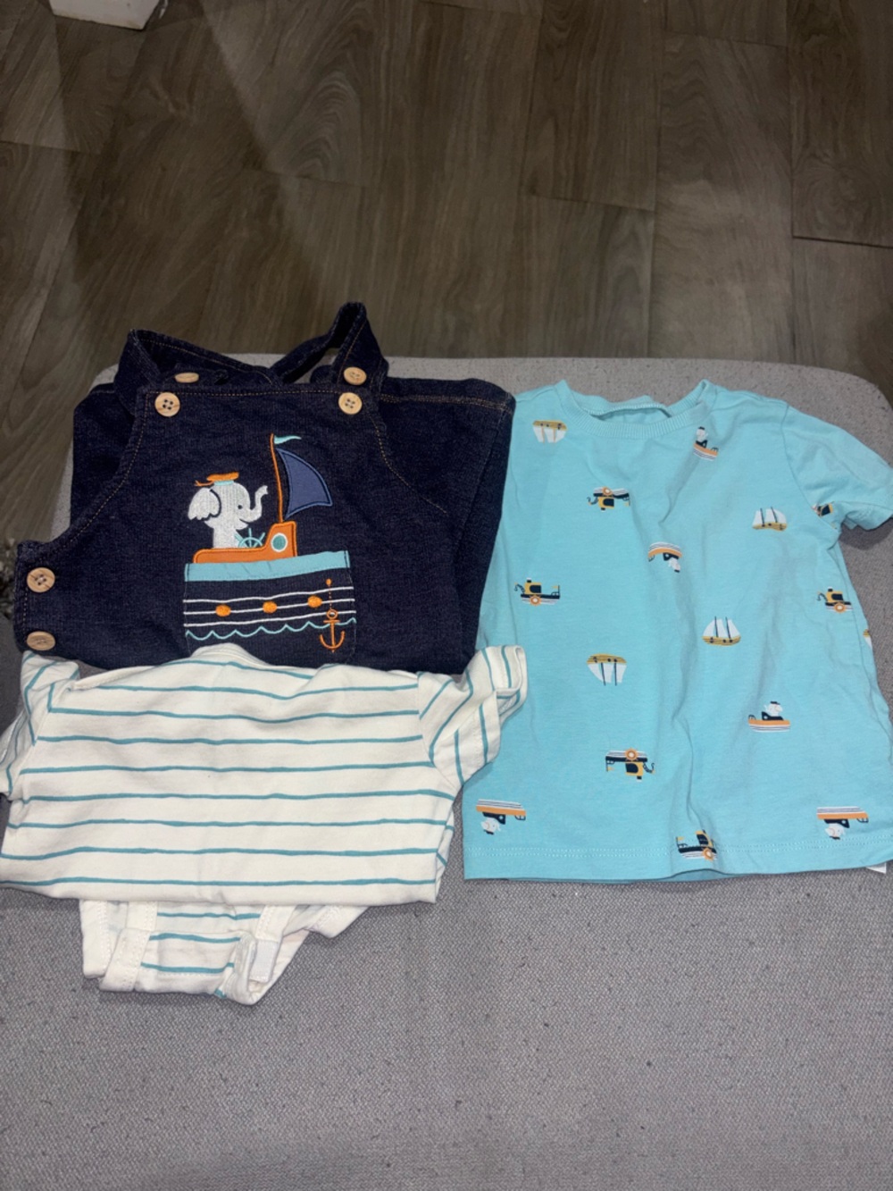 Navy Sailboat Denim Overalls + Blue Nautical Baby Tee and onesie